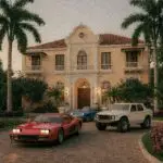 A luxurious Mediterranean style mansion with vintage cars and palm trees at twilight.